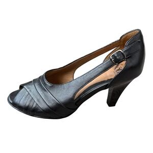 Sofft Black Leather Peep Toe Ankle Strap Heels Pumps 8M Pleated D'Orsay